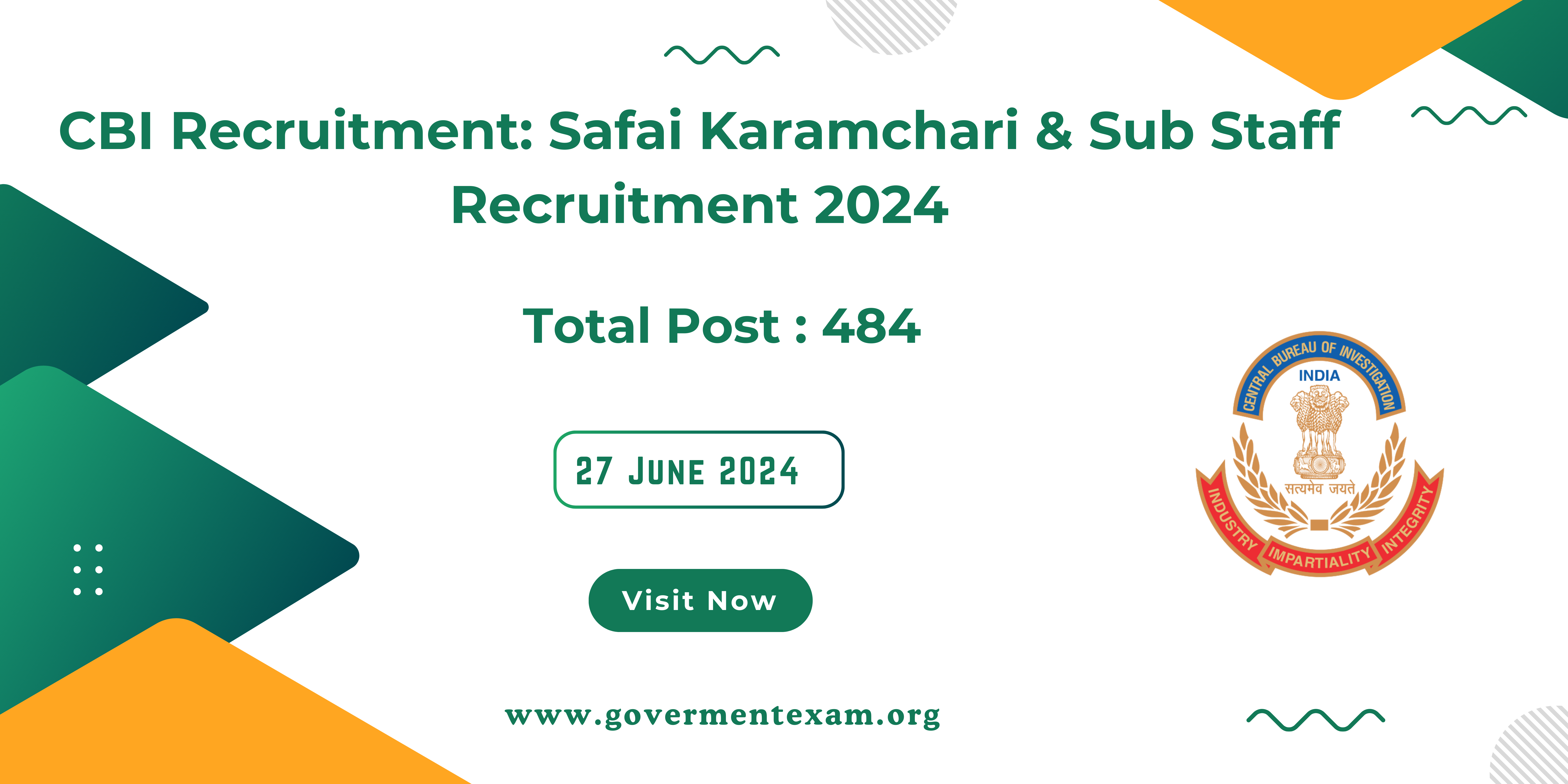 CBI Recruitment: Safai Karamchari & Sub Staff Apply online for 484 Posts